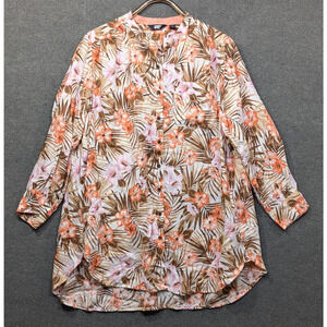 Lands End Linen Tunic Top Womens 1X Plus Floral Print Button Shirt Hawaiian